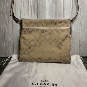 Coach Signature File Crossbody Bag Light Tan Khaki/ Cream Canvas & Leather Purse
